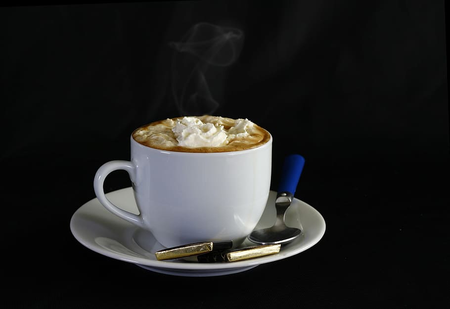 coffee, shell, spoon, plate, saucer, treat, sweet, cup, decoration HD wallpaper