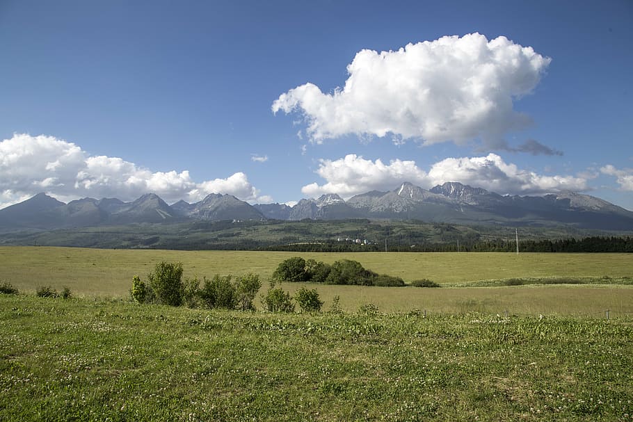 mountains, clouds, sky, blue, nature, field, meadow, plain HD wallpaper