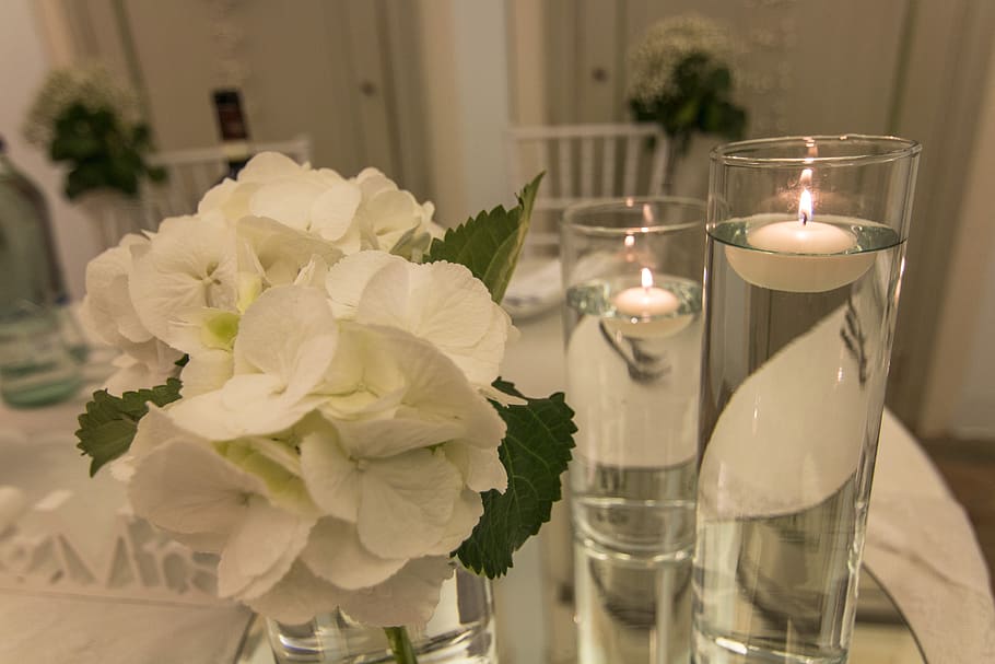 marriage, candles, bouchette, feast, wedding, flowers, white, HD wallpaper