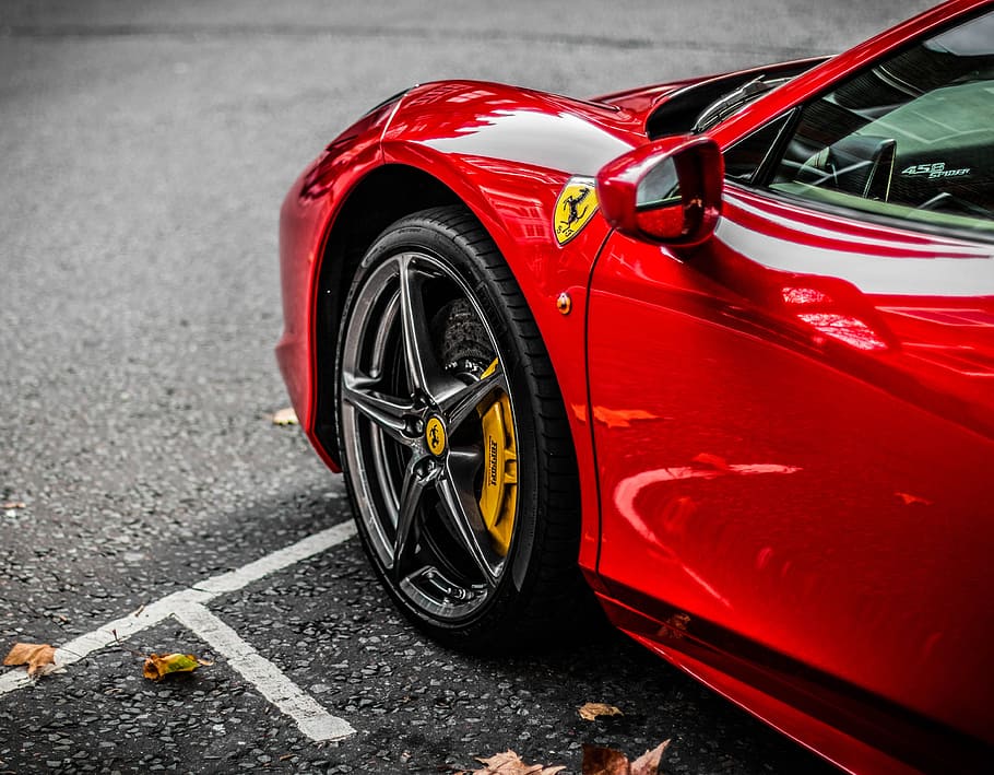 red Ferrari sports car, supercar, style, auto, vehicle, motor