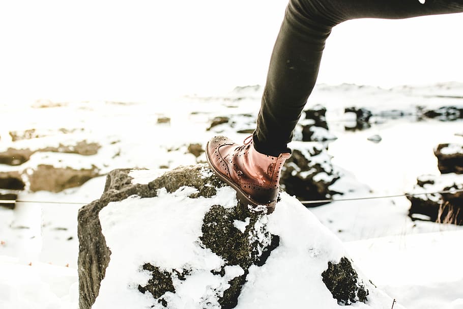 person in brown loafer and black jeans, person wearing oxford high-top shoes on snow coated rock HD wallpaper
