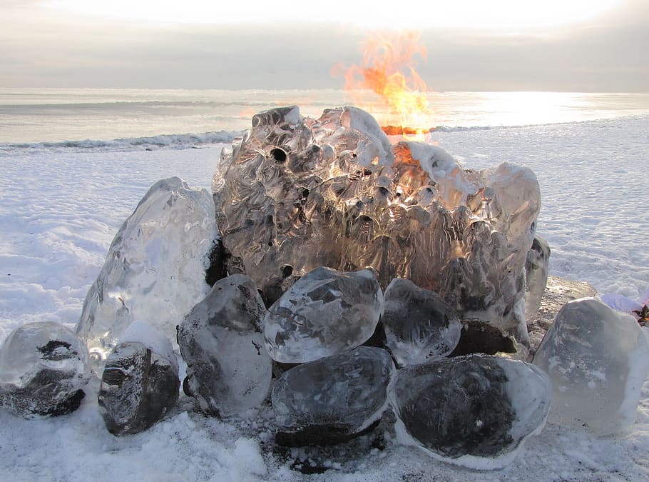 koster, fire, flame, beach, the pacific ocean, sunset, landscape HD wallpaper