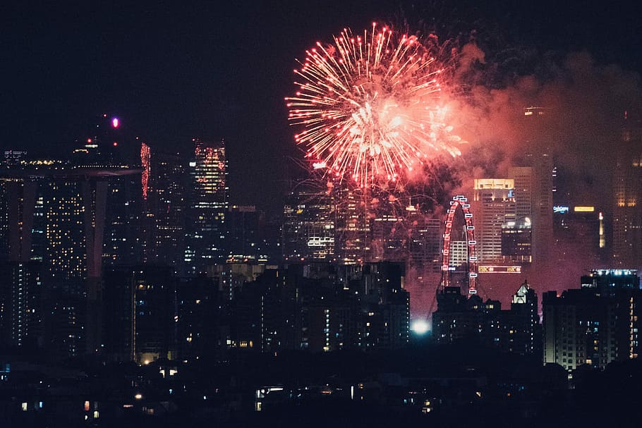 fireworks above city during nighttime, untitled, illuminated HD wallpaper