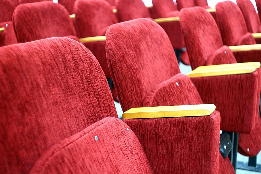 empty red fabric armchairs, seat, hall, assembly, cinema, place, HD wallpaper