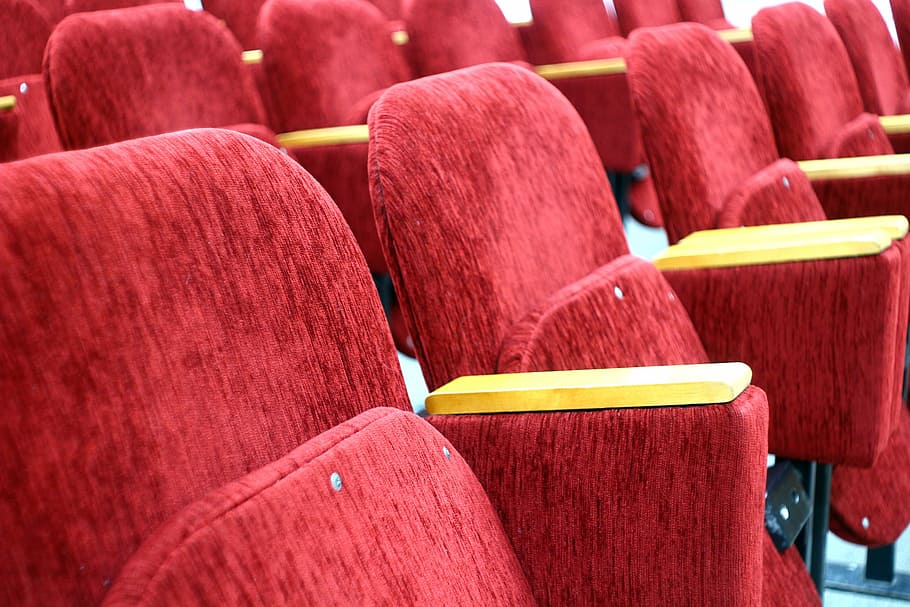 empty red fabric armchairs, seat, hall, assembly, cinema, place HD wallpaper