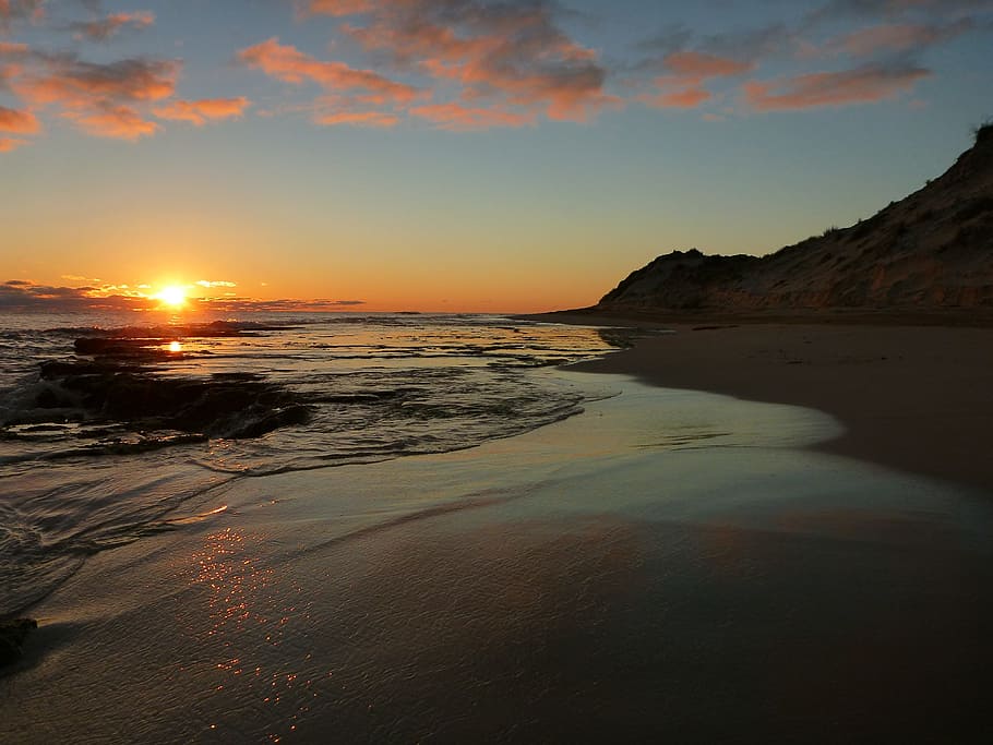 sunset, beach, sky, coast, shore, orange, dusk, water, sea HD wallpaper