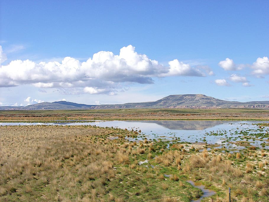 Wyoming, Clouds, Scenic, Mountains, sky, stream, wetlands, reflections HD wallpaper