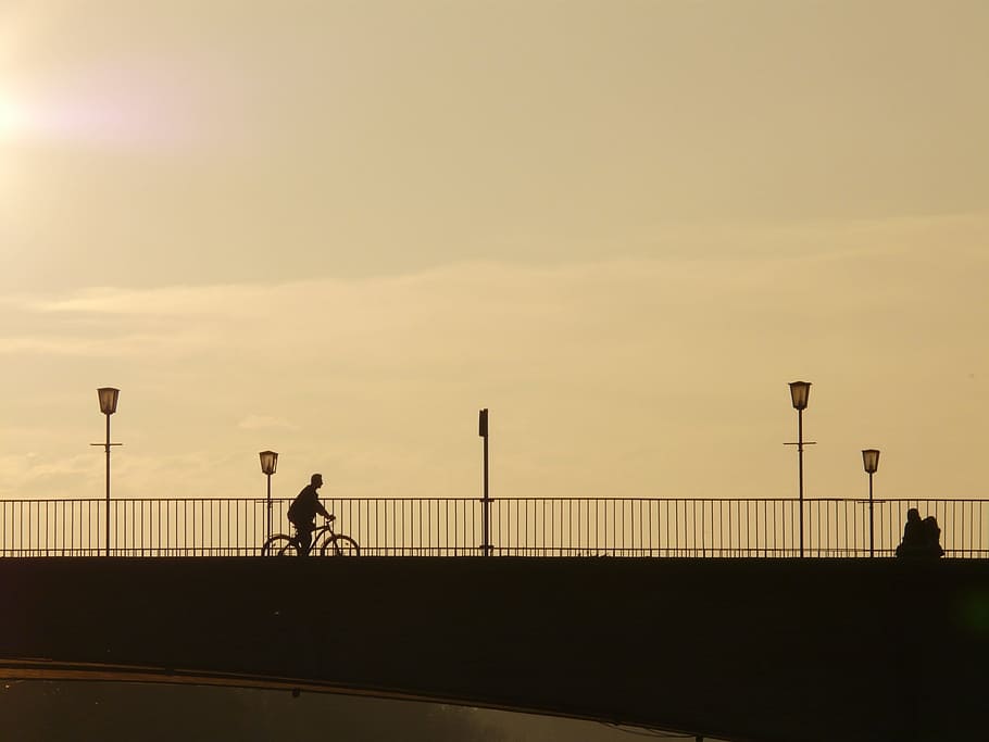 person riding bicycle near street light, Bridge, Human, Profile HD wallpaper