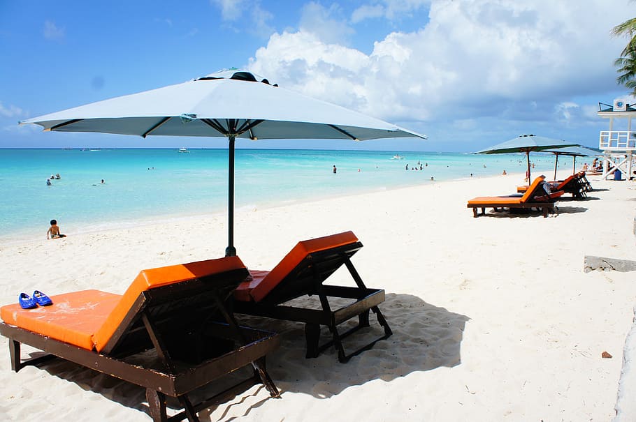 several sun lounger beside shoreline, beach, boracay beach, sea