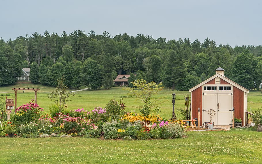 Vermont, Garden, Shed, Nature, Flowers, landscape, colorful, HD wallpaper