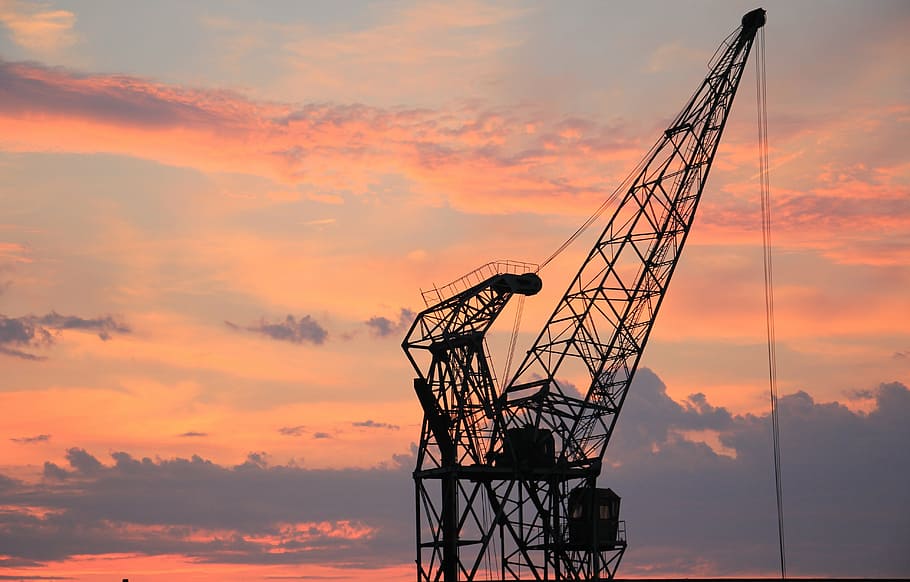 black metal crane at sunset, harbour crane, sky, clouds, industry HD wallpaper