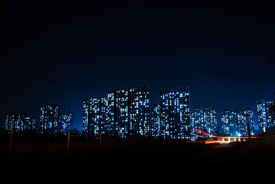 skyline view, high rise buildings with turn on lights, Home, skyscraper HD wallpaper