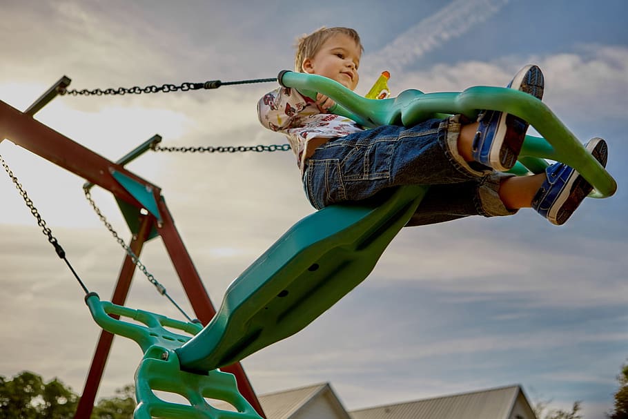 children wearing white shirt and blue-washed jeans, playground HD wallpaper