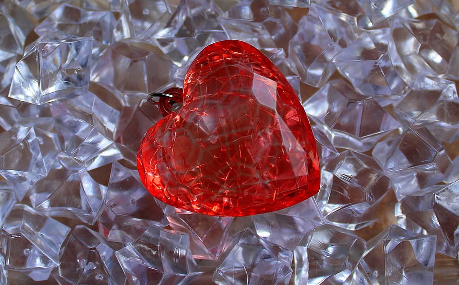 closeup photo of red heart pendant, crystal, glass, valentine's day