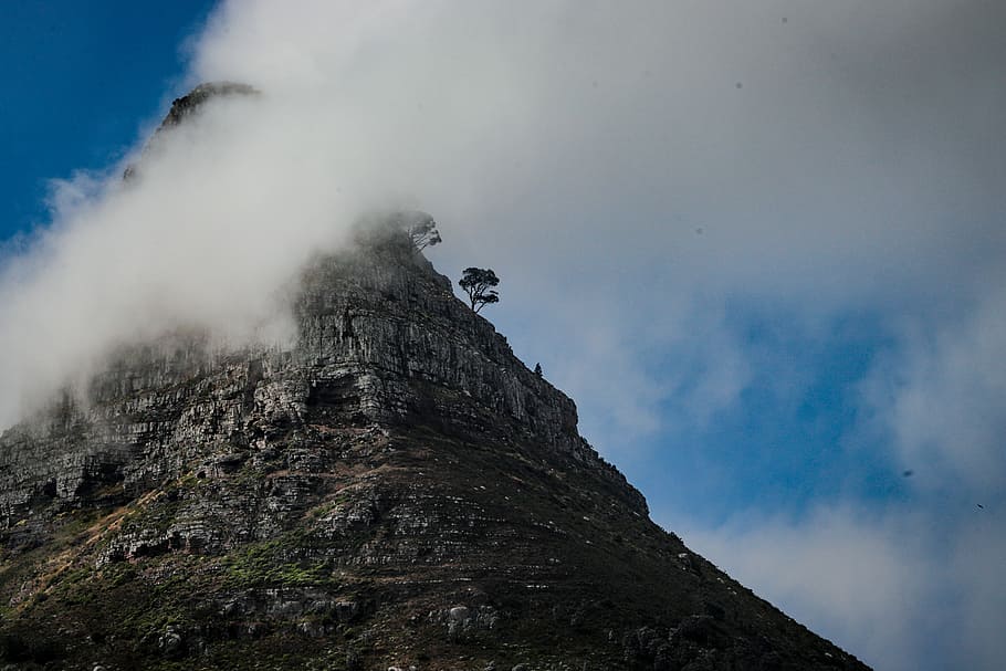 landscape photo of gray rock mountain covered with clouds, ground view photo of mountain under cloudy sky HD wallpaper