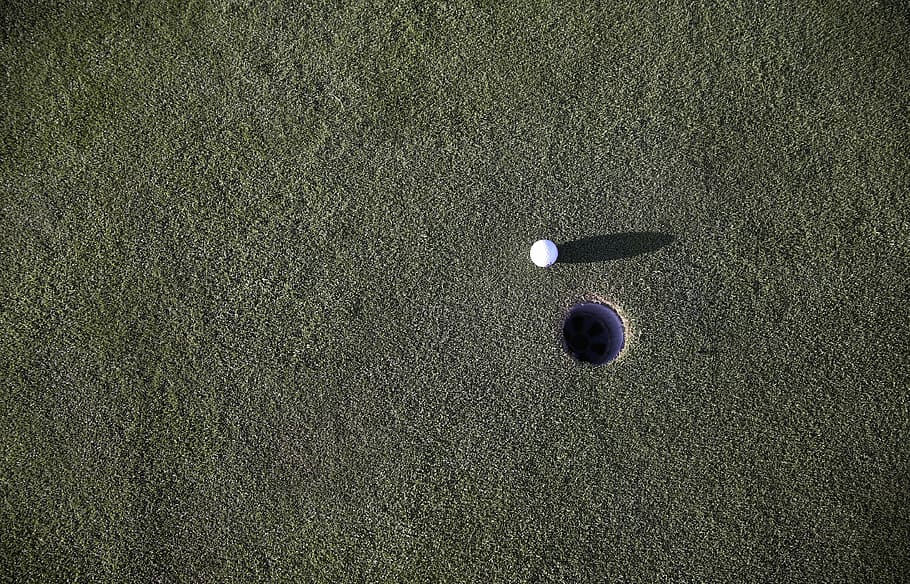golf ball and hole at daytime, golf course, grass, green, manicured HD wallpaper