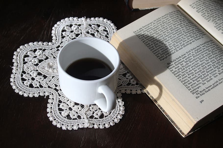white teacup beside book, write, books, library books, literature, HD wallpaper