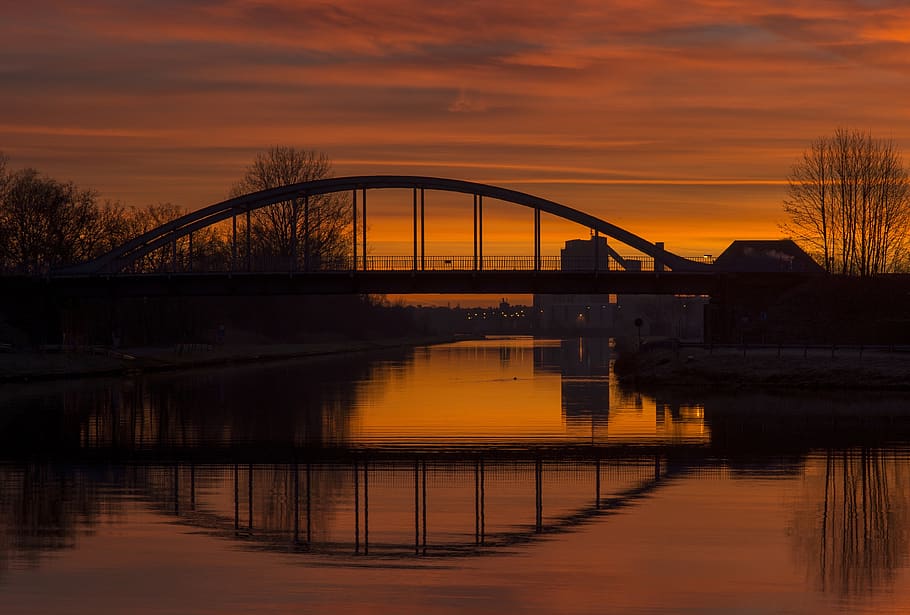 sunrise, reflection, bridge, river, heaven, sunset, water, built structure HD wallpaper