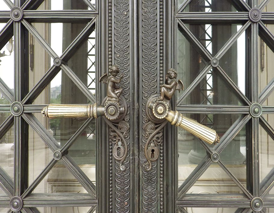 grey metal closed door, kllinke, input, decorated, entrance door HD wallpaper