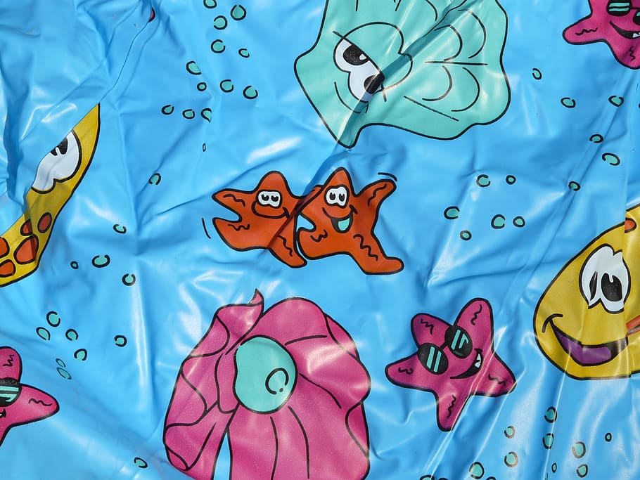 plastic wrap, comic figures, funny, printed, starfish, shell HD wallpaper
