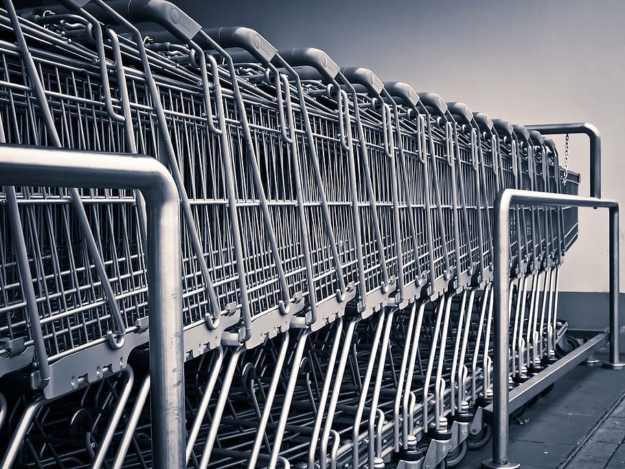 photography of stainless steel pushcarts, shopping cart, supermarket, HD wallpaper