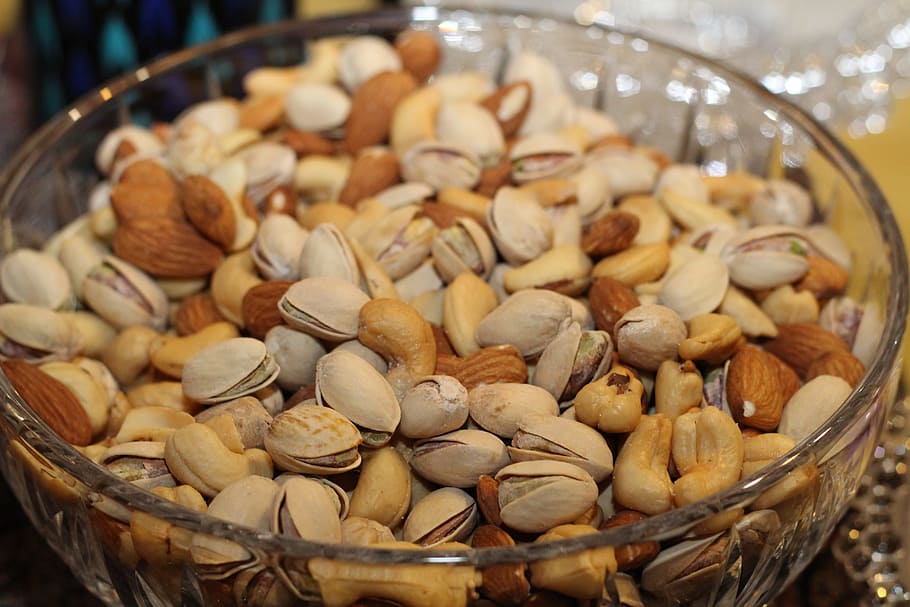 almonds on clear glass bowl, nuts, pistachios, snack, cashew HD wallpaper