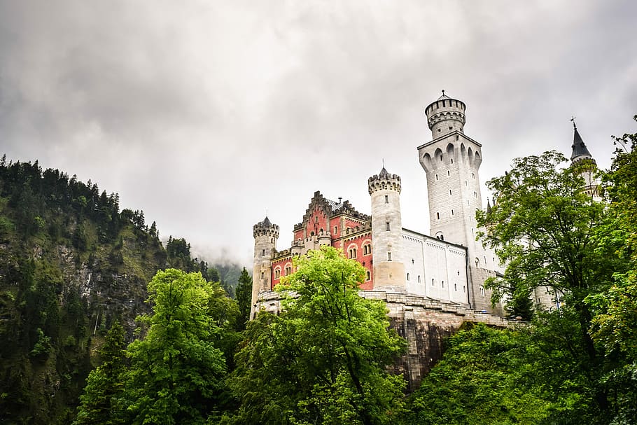 white architectural structure on mountain, white painted castle in the middle of forest HD wallpaper