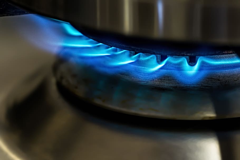 blue flame close-up shot, gas stove, cooking, heat, energy, burn