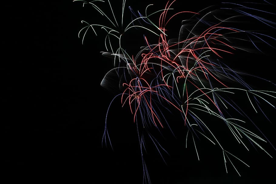 fireworks, long exposure, color, night, black background, illuminated HD wallpaper