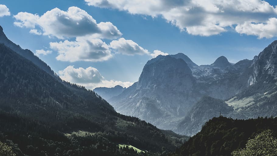 photo of mountain, green trees mountains, clouds, sky, rocks HD wallpaper