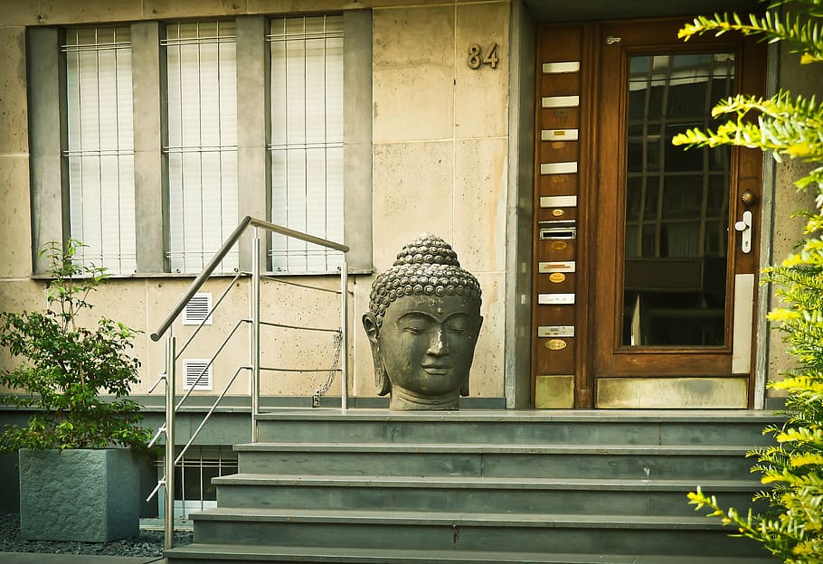 architecture, input, building, door, facade, stairs, statue HD wallpaper