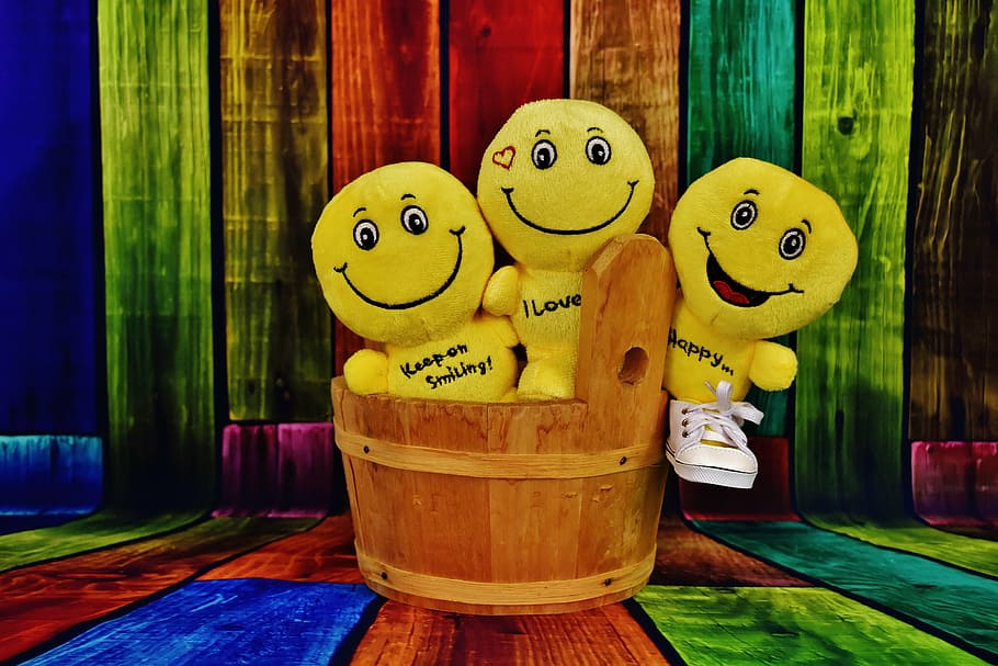 three yellow plush toys on brown wooden bucket, smilies, funny