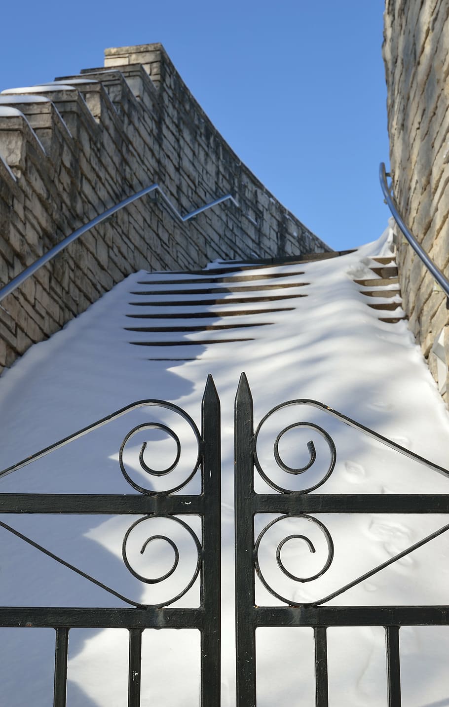 stairs, gate, iron gate, snow, winter, season, architecture HD wallpaper