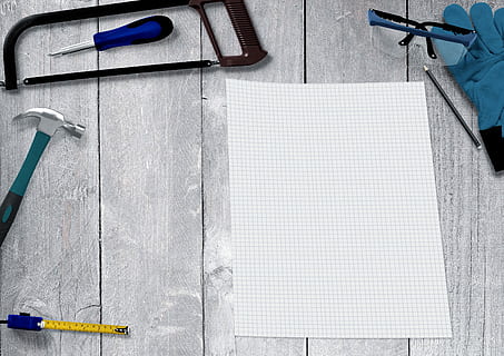 white paper beside hacksaw, tool, table, background image, craftsmen HD wallpaper