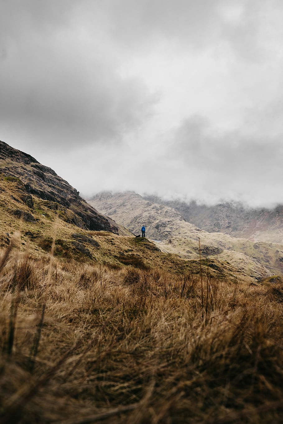 person standing on mountain under cloudy sky, man standing on hill under cloudy skies HD wallpaper