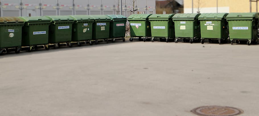 green trash bin lot outdoor during daytime, disposal, garbage