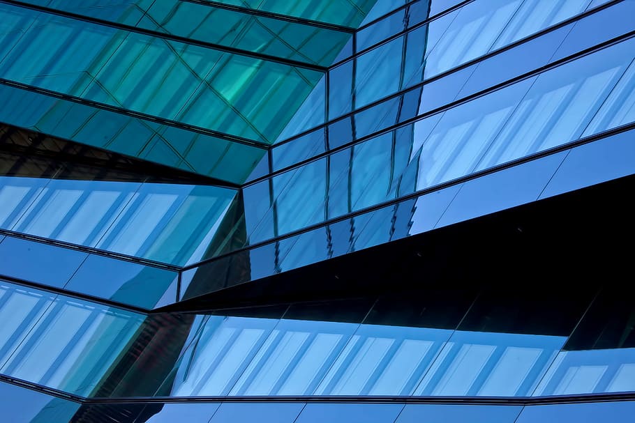 blue and black digital wallpaper, black, blue, and green glass building closeup photo HD wallpaper