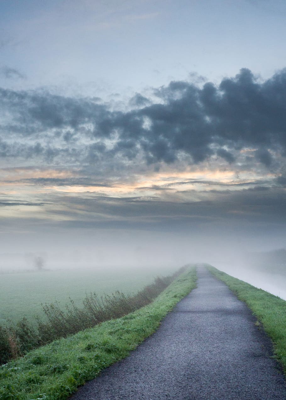 Straight Road Near Pond, asphalt, clouds, countryside, daylight HD wallpaper