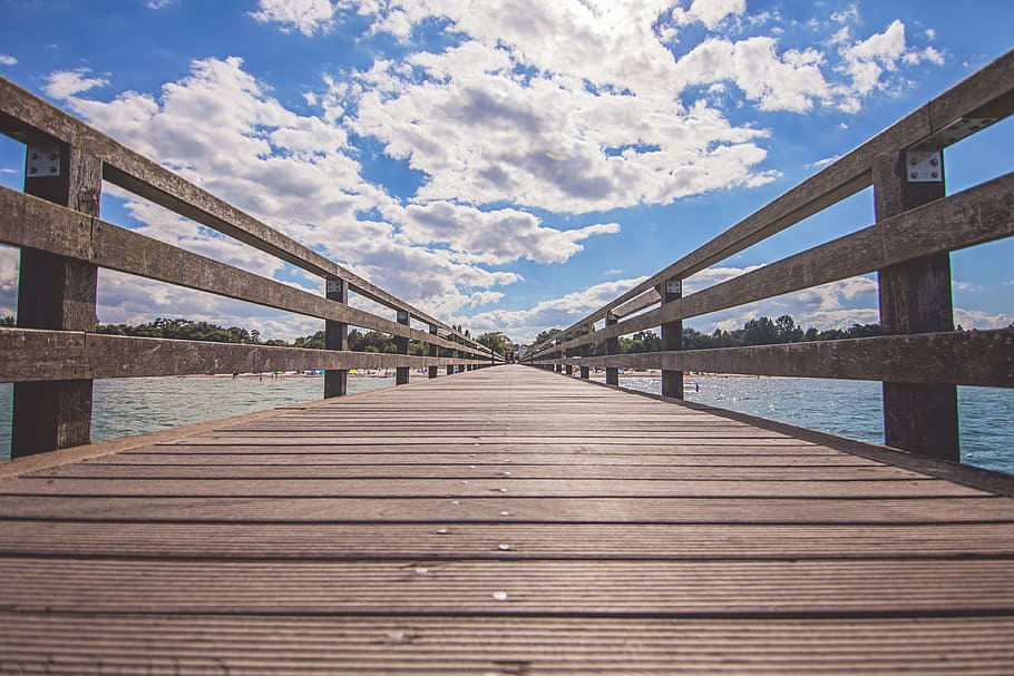 brown wooden dock under cloudy blue sky, web, sea, boardwalk HD wallpaper