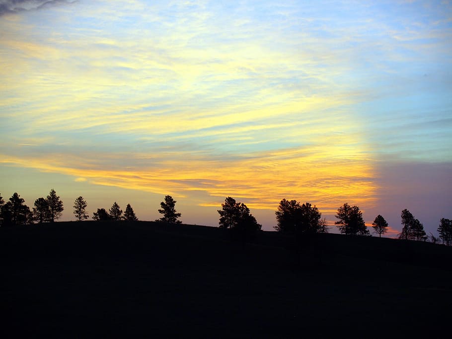 sunrise, trees, silhouettes, sky, colorful, orange, dawn, hills HD wallpaper