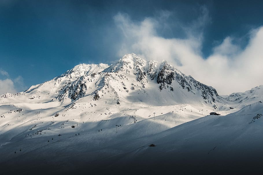 mountain alps under cloudy skies, snow-capped mountain, sky, clouds HD wallpaper