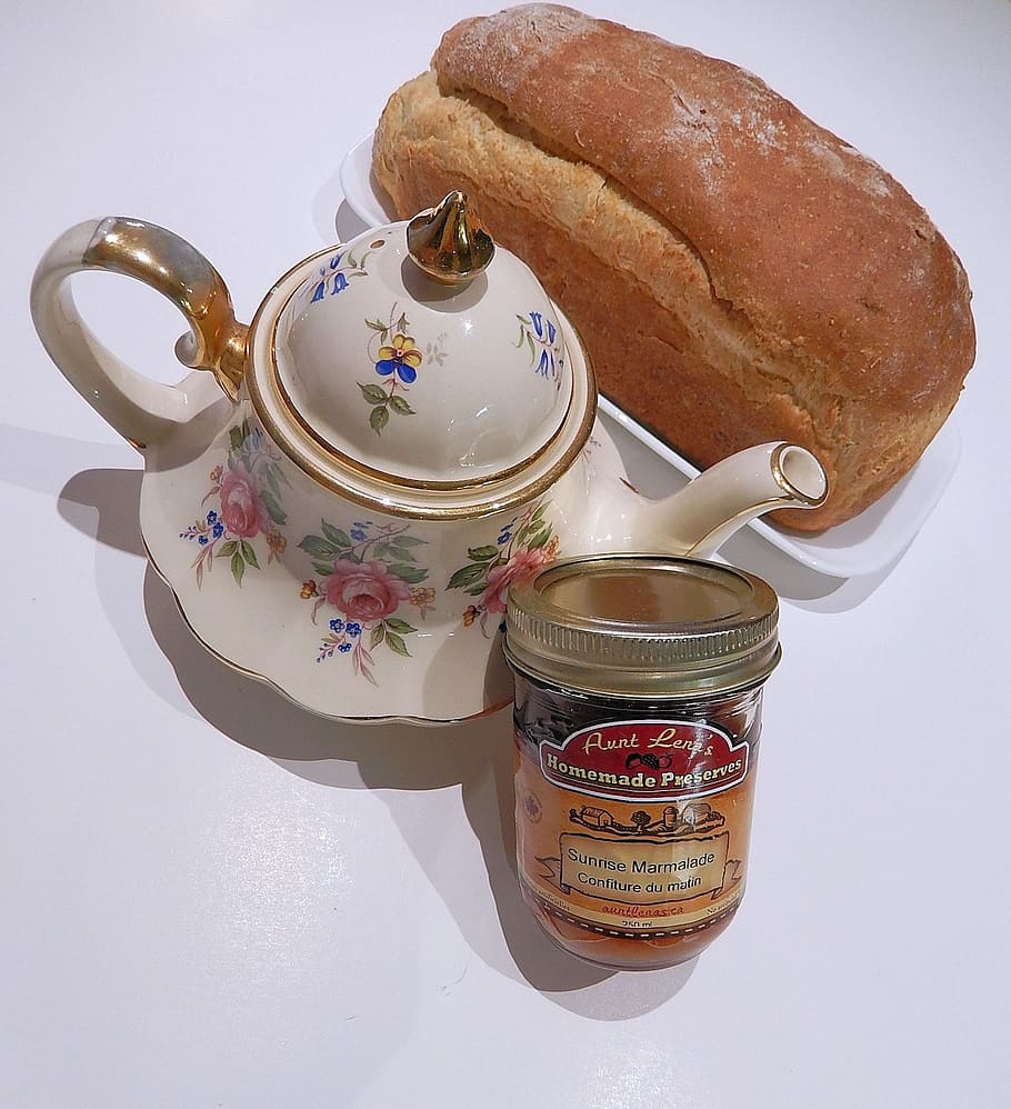 multi grain bread, teapot, marmalade, oats, corn, food and drink HD wallpaper