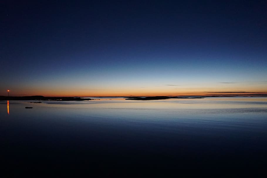 sunset, blue, norway, nature, landscape, evening, sea, horizon HD wallpaper