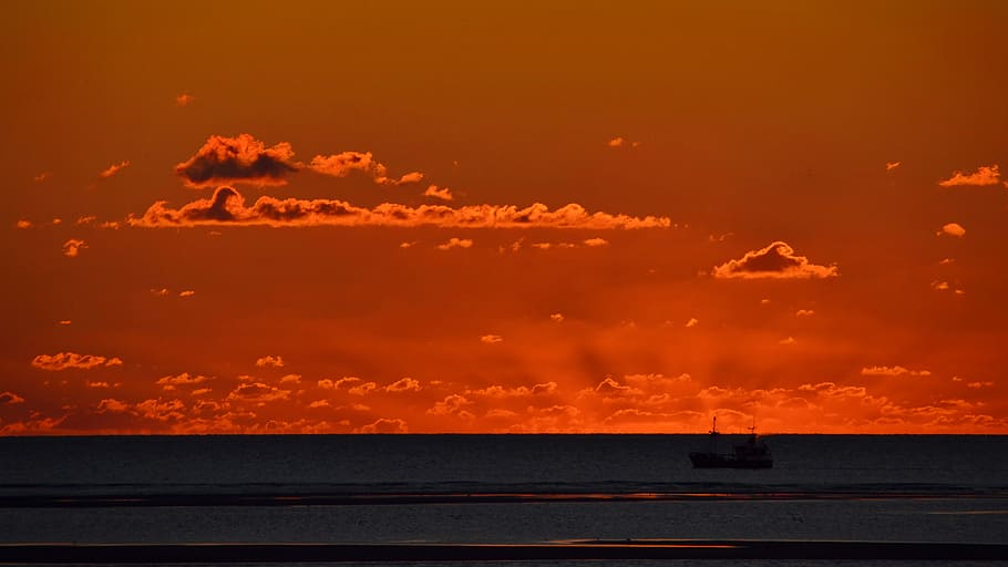 Sea, Clouds, Sunset, Water, sky, evening sky, blue, gold, pattern HD wallpaper