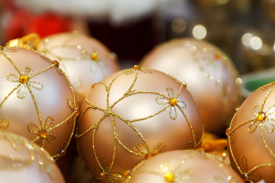 gold baubles, Ball, Christmas, Decoration, golden, holiday HD wallpaper