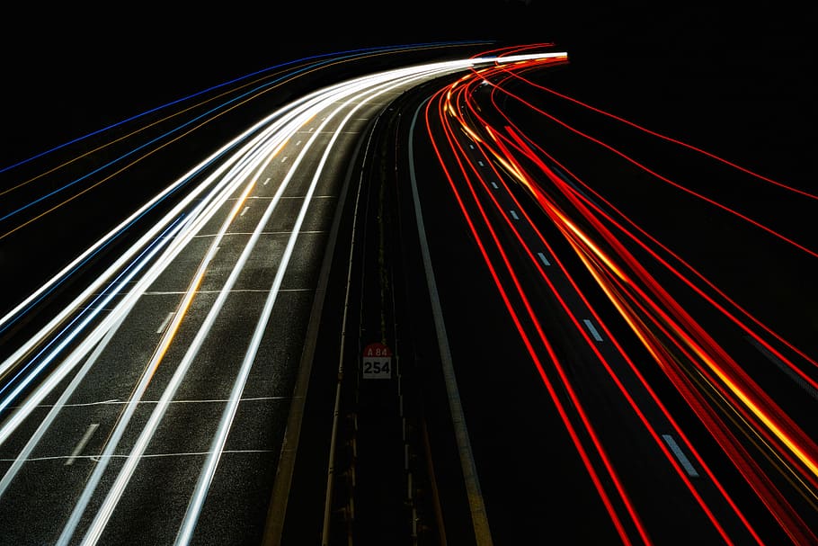 red and white lights, traffic, night, speed, highway, street