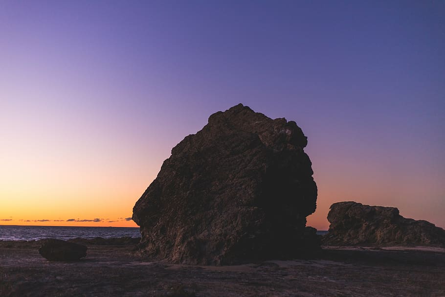 beach, dawn, dusk, nature, ocean, outdoors, rock, sand, scenic HD wallpaper