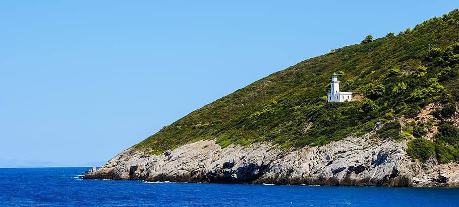 lighthouse, cape, coast, sea, landscape, summer, skopelos, greece HD wallpaper