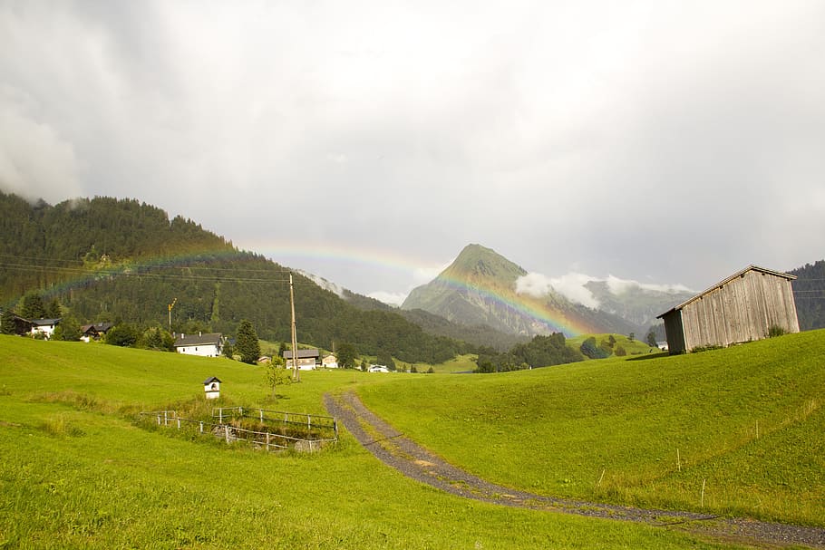 Rainbow, Landscape, Clouds, Weather, bregenzerwald, sky, atmosphere HD wallpaper