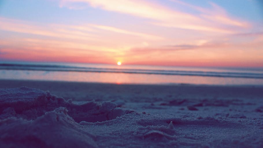 beach, sand, sunset, dusk, ocean, sea, horizon, sky, landscape HD wallpaper